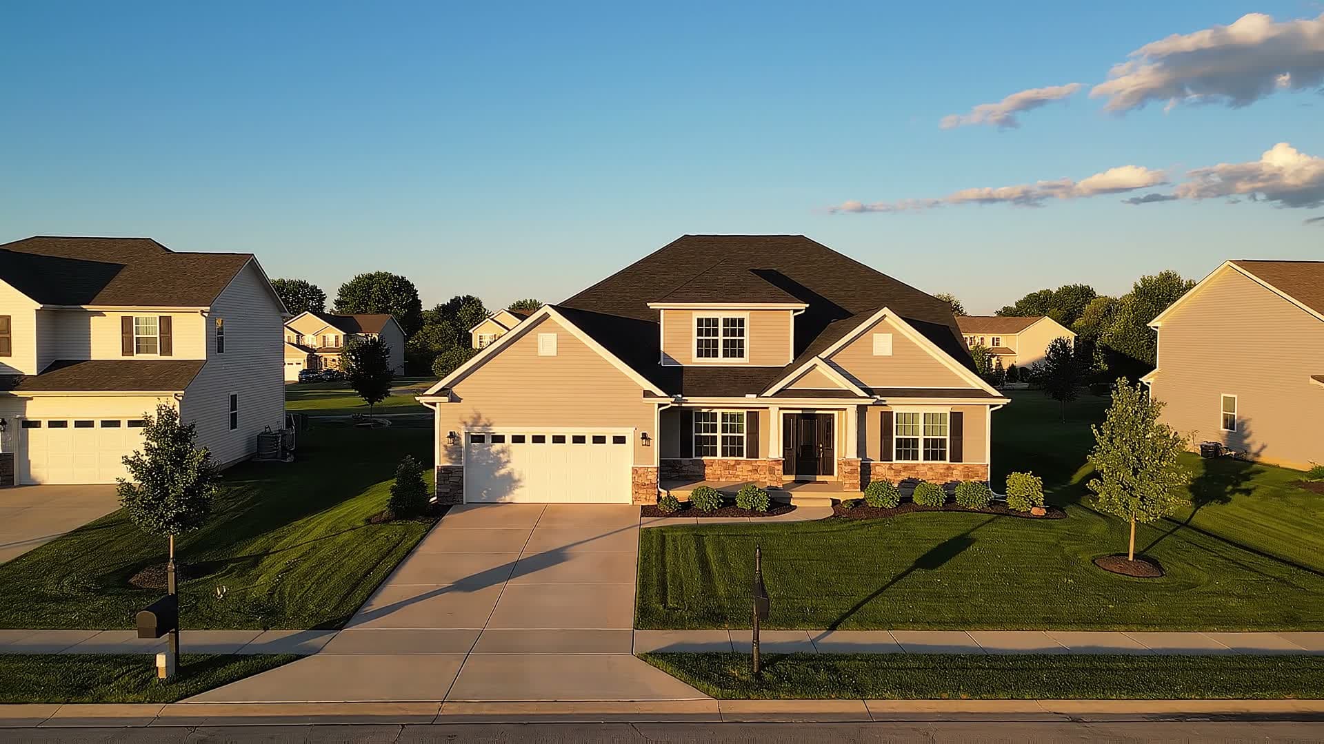 A freshly installed roof by Clark Roofing & Construction in Sioux Falls at golden hour